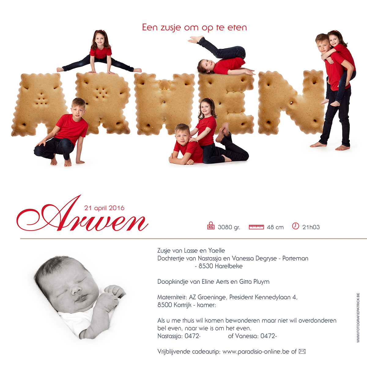 Geboortekaartje met foto van Arwen