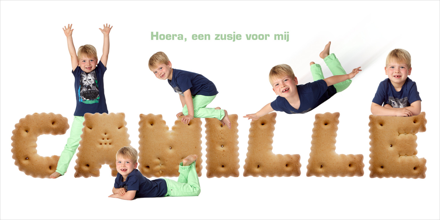 Voorzijde Geboortekaartje met foto van Camille