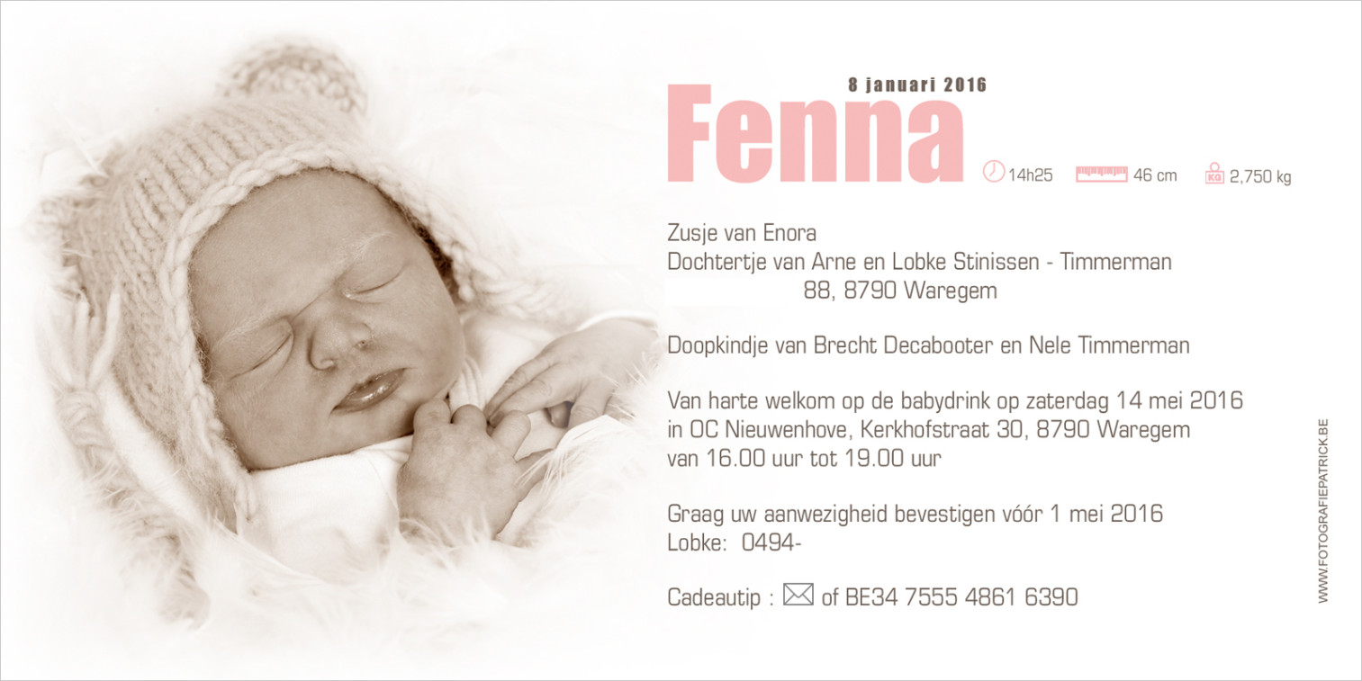 Geboortekaartje met foto van Fenna