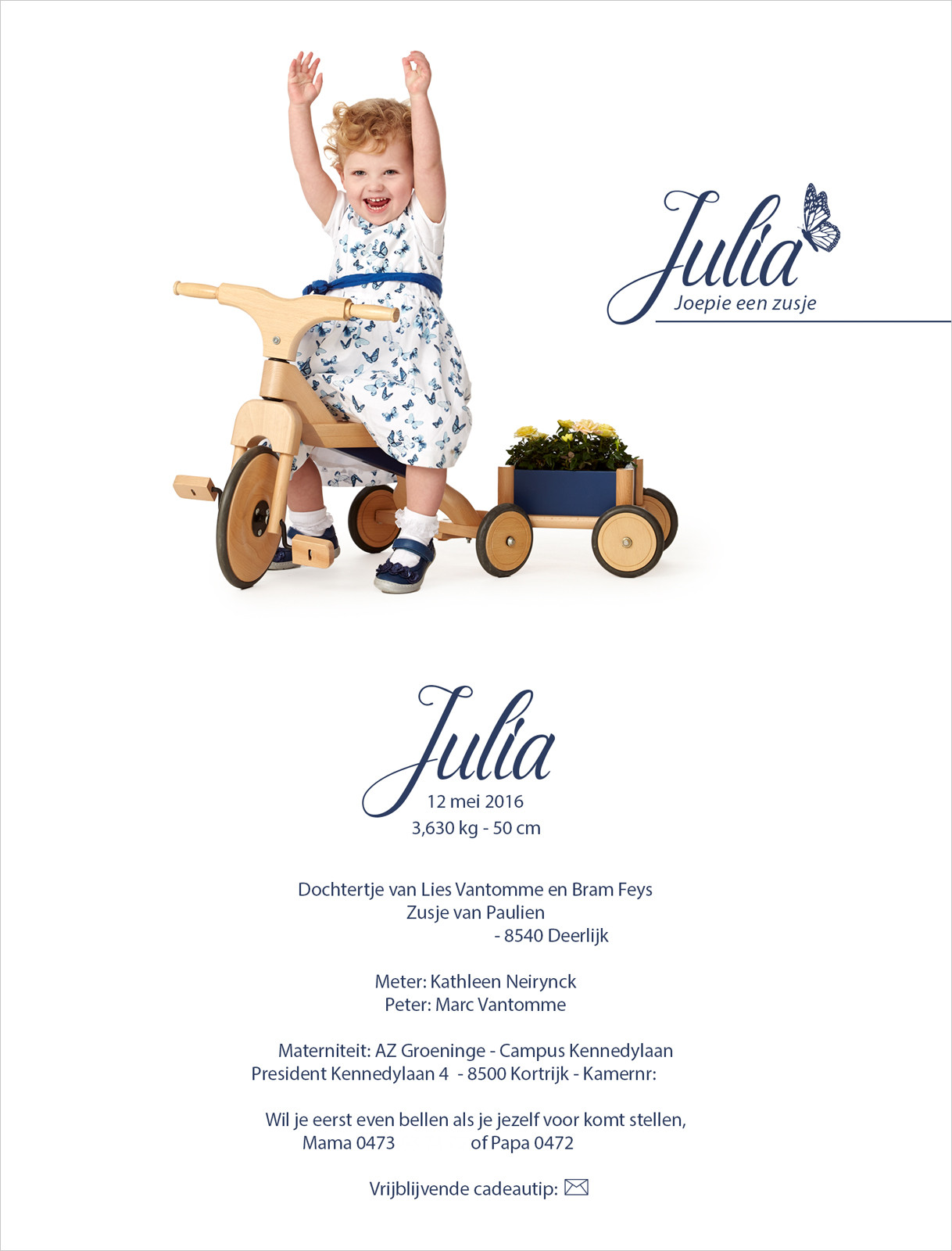 Geboortekaartje met foto van Julia