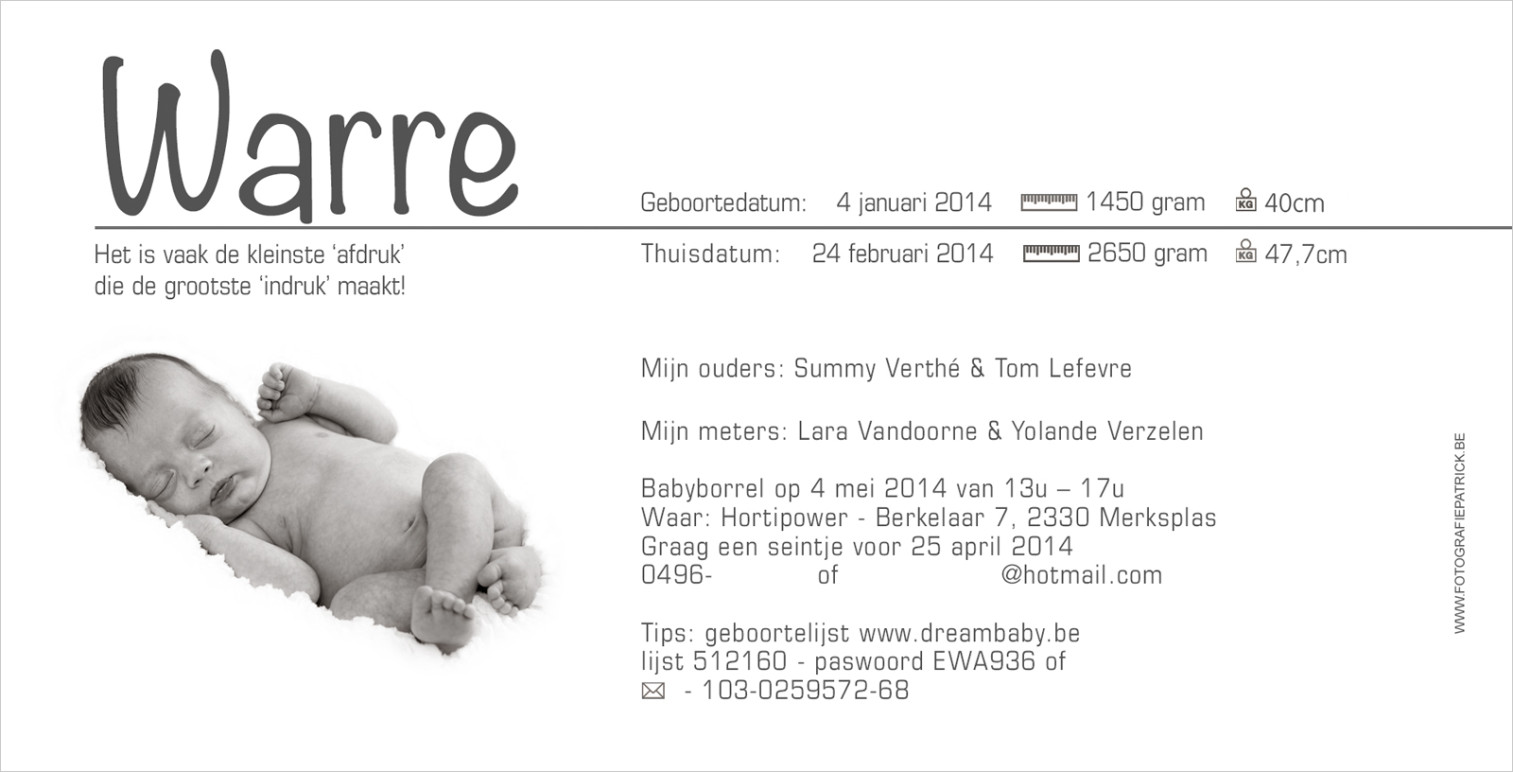 Achterzijde Geboortekaartje met foto van Warre